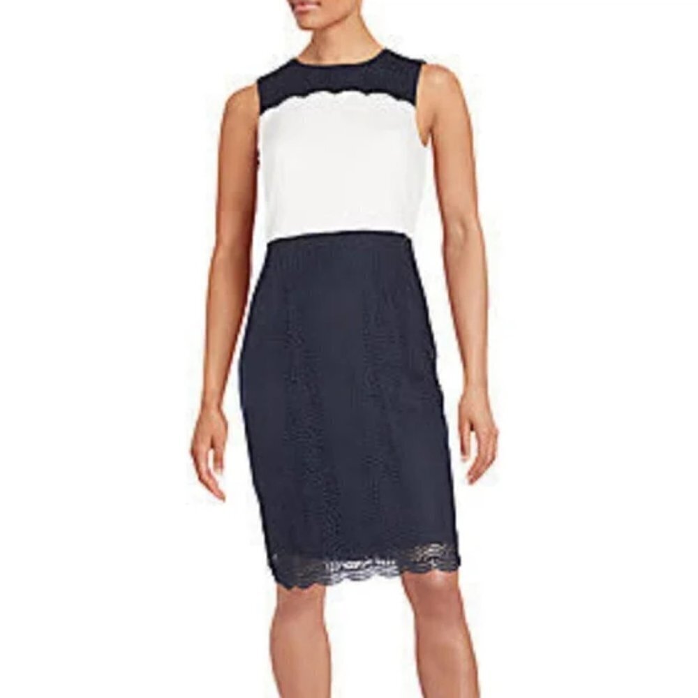 💕KARL LAGERFELD💕 Lace Colorblock Shift Dress ~ Navy Blue & White 10